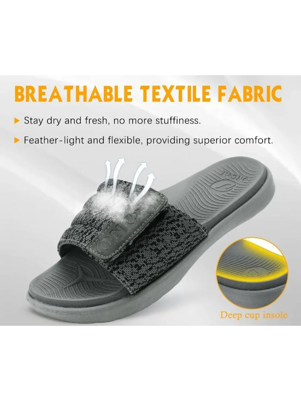 Men's Grey Arch Support Sport Slides Open Toe Adjustable Orthotic Sandal Shoes